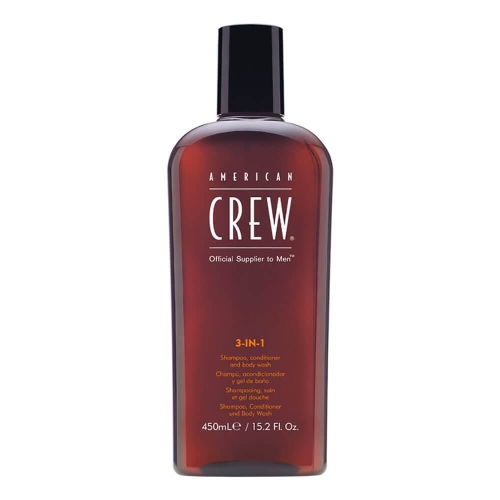 Butelka z jasnobrązowego plastiku z czarną zakrętką na białym tle. Na froncie biały napis AMERICAN CREW i opis 3-IN-1 Shampoo, Conditioner and Body Wash. Pojemność 450 ml.
