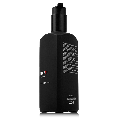 Czarny, prostokątny flakon żelu pod prysznic z pompką, widok lekko z boku. Widoczne napisy: BERANI HOMME oraz SHOWER GEL, objętość 300 ml, z tyłu informacje o składzie. Matowa powierzchnia flakonu, minimalistyczny design.