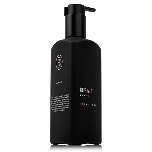 Czarny żel pod prysznic BERANI Homme Sport w prostokątnej, matowej butelce z pompką. Na froncie widoczne logo oraz napisy BERANI i SHOWER GEL SPORT w białym kolorze. Produkt przedstawiony w pozycji stojącej, na jednolitym tle.