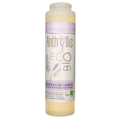 Butelka 250 ml ekologicznego żelu pod prysznic Anthyllis ECO BIO w jasnym żółtym kolorze z białą etykietą i motywem lawendy, stojąca na białym tle z naklejką w języku włoskim i angielskim.