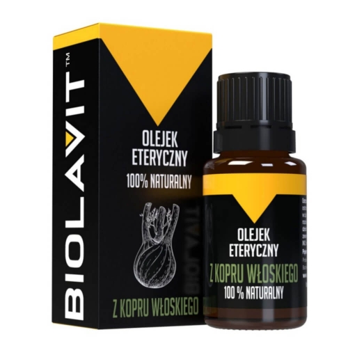 Butelka z ciemnego szkła z olejkiem eterycznym z kopru włoskiego 100% naturalnym, z żółto-białą etykietą BIOLAVIT. Czarny kartonik z żółtymi akcentami i ilustracją kopru na ciemnym tle.