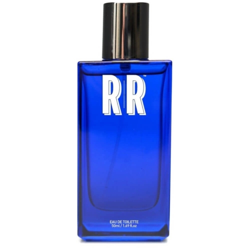 Niebieska butelka wody toaletowej o pojemności 50 ml z prostokątnym kształtem, zamknięta czarną nakrętką. Na przedniej stronie widoczne białe logo RR. Butelka prezentowana na białym tle, w ujęciu frontalnym.