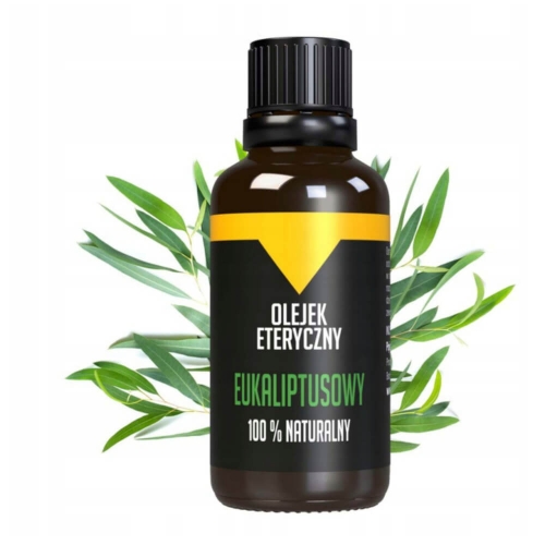 Butelka 100 ml olejku eukaliptusowego na jasnym tle, ciemnobrązowa z czarną zakrętką i żółto-białą etykietą, z liśćmi eukaliptusa w tle podkreślającymi naturalny skład.