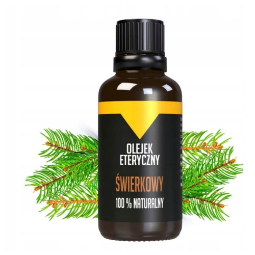 Butelka 50 ml olejku eterycznego świerkowego, ciemnobrązowa z czarną nakrętką. Etykieta z napisem „OLEJEK ETERYCZNY ŚWIERKOWY” i „100% NATURALNY” na białym tle, otoczona gałązkami świerku.