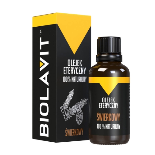 Olejek eteryczny świerkowy 30 ml w szklanej butelce z czarną zakrętką i etykietą z gałązką świerku. Obok stoi czarne kartonowe opakowanie z żółtymi akcentami. Zdjęcie frontalne na jednolitym tle.
