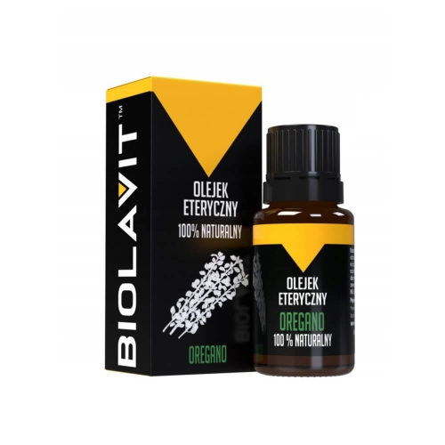 Buteleczka olejku eterycznego oregano marki Biolavit, umieszczona obok opakowania w kolorze żółto-czarnym. Widoczny napis OLEJEK ETERYCZNY 100% NATURALNY oraz logo marki. Produkt stoi na białym tle.