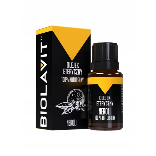 Brązowa butelka z czarną nakrętką i etykietą 100% naturalnego olejku neroli oraz czarny kartonik z pomarańczowymi akcentami, napisem OLEJEK ETERYCZNY NEROLI i logo BIOLAVIT na białym tle.
