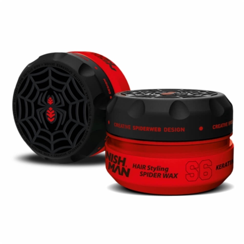 Czerwony pojemnik wosku do stylizacji włosów Nishman z czarną nakrętką zdobioną wzorem pajęczej sieci i napisem HAIR Styling SPIDER WAX S6 KERATIN na jasnym tle, z widocznym logo i nowoczesnym designem.