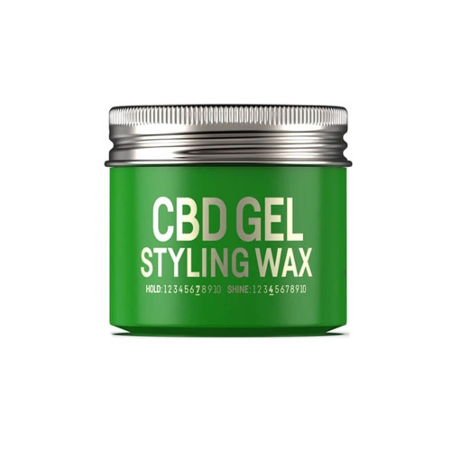 Zielony słoik z metalową pokrywką zawierający żel do stylizacji włosów CBD. Etykieta z napisem CBD GEL STYLING WAX i informacją o utrwaleniu i połysku. Produkt stoi na płaskiej powierzchni, widoczny z przodu.