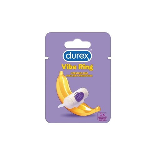 Nakładka wibracyjna Durex w żółto-fioletowym opakowaniu z bananową grafiką, z białą nakładką w centrum i napisami Vibe Ring oraz nakładka wibracyjna. Opakowanie z wieszakiem, 1 sztuka.