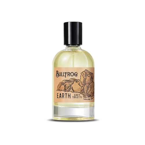 Butelka 100 ml wody toaletowej Bullfrog Earth, przezroczysta z czarną zakrętką. Etykieta brązowa z motywem skał i napisem BULLFROG EARTH na białym tle.