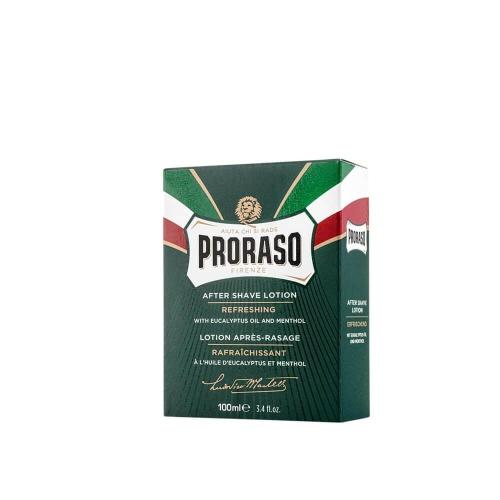 Zielone opakowanie after shave lotion Proraso z logo na froncie, widoczne białe i czerwone akcenty, informacje o składnikach: olejek eukaliptusowy i mentol, pojemność 100 ml. Ujęcie frontalne, prosto na produkt, na białym tle.