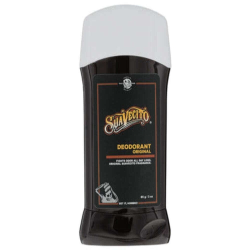 Czarny dezodorant w sztyfcie Sua Vectio, z białą pokrywką, z widoczną etykietą zawierającą napis DEODORANT ORIGINAL. Pozycja stojąca, frontalne ujęcie, prezentujące szczegóły opakowania i logo produktu.