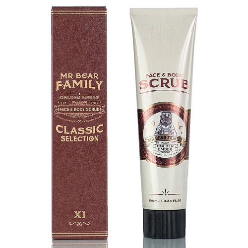 Kremowy peeling do twarzy i ciała 100 ml w srebrno-brązowej tubie z napisem FACE & BODY SCRUB i grafiką niedźwiedzia MR BEAR FAMILY, stojący na białym tle.