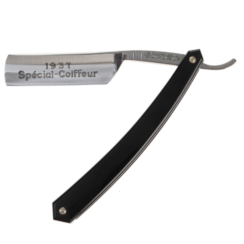 Brzytwa Thiers Issard Special Coiffeur 6/8 z chromowanym ostrzem 1937 Spécial-Coiffeur i czarną, prostą rękojeścią na jasnym tle, ukazująca detale ostrza i uchwytu.