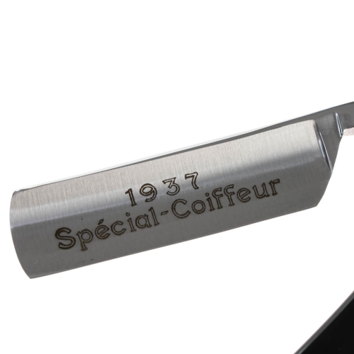 Brzytwa Thiers Issard Special Coiffeur z metalowym ostrzem „1937 Spécial-Coiffeur”, błyszczącym z lekko zaokrąglonym końcem, czarną rączką i białym tłem podkreślającym detale i jakość wykonania.