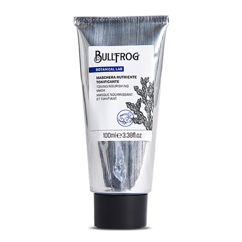 Maska tonizująca BullFrog Botanical Lab o pojemności 100 ml, w tubie o srebrnym wykończeniu. Frontalny kąt ujęcia, tuba stoi w pozycji pionowej. Widoczne logo BullFrog oraz napis Toning Nourishing Mask. Proste, białe tło podkreśla produkt.