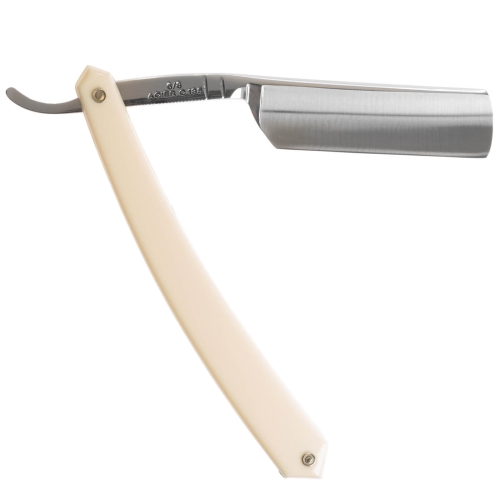 Brzytwa Thiers Issard Special Coiffeur 6/8 z gładkim, metalowym ostrzem i jasną, plastikową rączką leży na jednolitym tle. Ostrze ma matowe wykończenie z wyraźnym napisem na grzbiecie. Rączka ma prosty, ergonomiczny kształt, zakończona stylowym wcięciem.