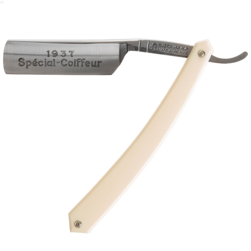 Brzytwa Thiers Issard Special Coiffeur 6/8 z grawerem '1937' i 'Spécial-Coiffeur', ostrze stalowe, rączka kość słoniowa, gładka, na białym tle, ostrze skierowane do góry podkreślające długość.