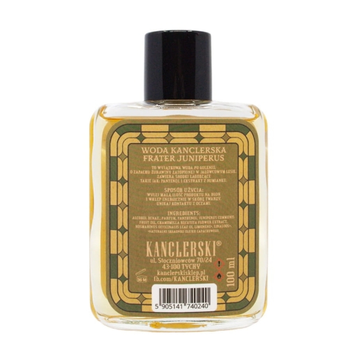 Woda po goleniu Kanclerski Frater Juniperus 100 ml w prostokątnej szklanej butelce z zielono-złotą etykietą i czarnym kapturkiem, stoi pionowo na białym tle, zewnętrzne informacje o składzie i użyciu na tylnej etykiecie.
