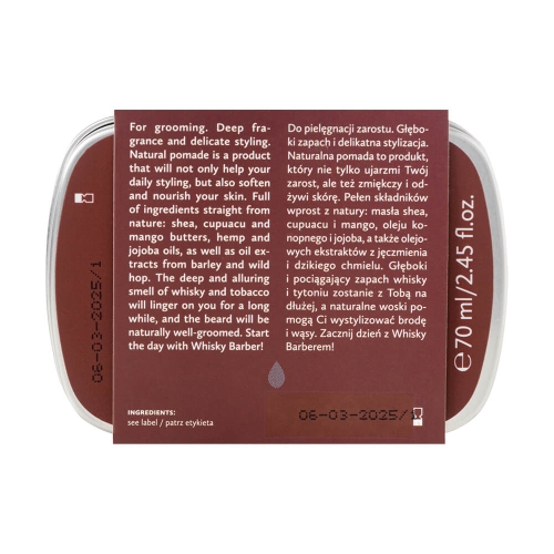 Hagi pomada do brody i wąsów Whisky Barber 70 ml w zaokrąglonym opakowaniu z ciemnobrązową etykietą w języku polskim i angielskim. Zawiera opis, skład, ikonę pojemności i symbol biodegradowalności. Produkt na jasnym tle.