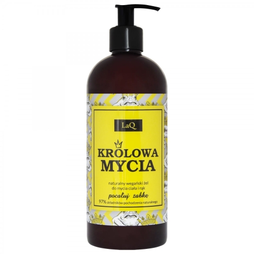 LaQ żel do mycia ciała i rąk Królowa Mycia, 400 ml, w brązowej butelce z czarną pompką. Etykieta jasnożółta z czarnym napisem i logo LaQ. Pozycja stojąca, frontalny widok z detalami etykiety.