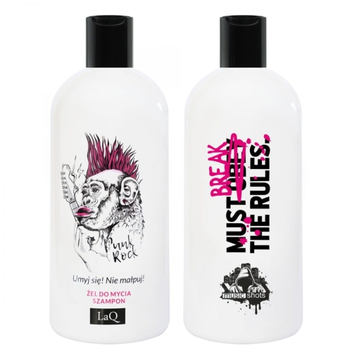 Żel i szampon LaQ 300 ml, biała butelka z czarną nakrętką, z małpką o punkowym fryzurze i gitarze. Etykiety w stylu graffiti: Umij się! Nie matpuj! oraz Must break the rules. Butelka na jednolitym tle.