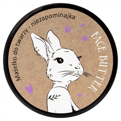 Masło do twarzy 50 ml z czarnym matowym wieczkiem i grafiką królika. Beżowa etykieta z napisem FACE BUTTER i nazwą Masełko do twarzy - niezapominajka. Zbliżenie na detale i napisy, bez akcesoriów.