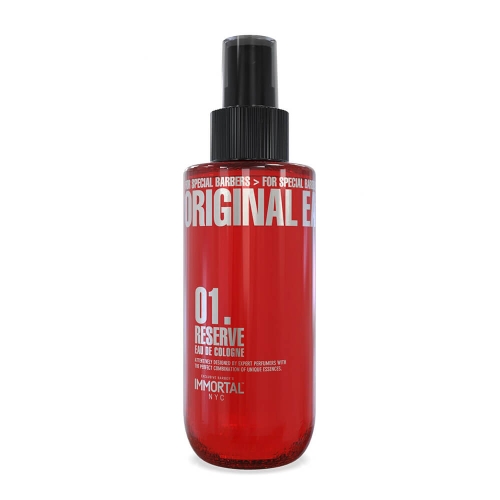 Czerwony flakon wody kolońskiej Immortal Eau de Cologne 01. Reserve o pojemności 150 ml, z czarną zakrętką, stojący na prostym tle. Widoczny napis ORIGINAL u góry i IMMMMORTAL NYC u dołu, z wyraźnymi detalami charakterystycznymi dla marki.
