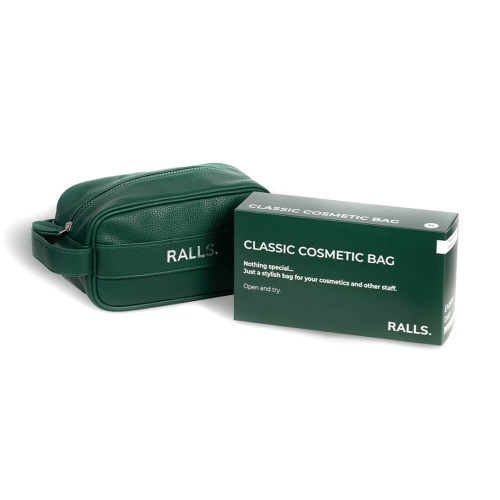 Zielona kosmetyczka Ralls Classic z teksturowanego materiału z białym haftowanym logo, zamkiem błyskawicznym, leżąca obok ciemnozielonego opakowania z napisem CLASSIC COSMETIC BAG na neutralnym tle.