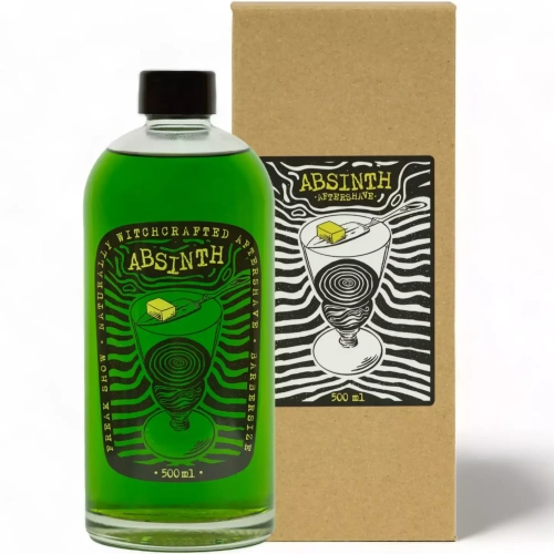 Butelka aftershave o pojemności 500 ml, w intensywnym zielonym kolorze. Etykieta zdobiona ilustracją kieliszka z likierem i napisem ABSINTH. Produkt stoi na prostym tle, obok kartonowe opakowanie.