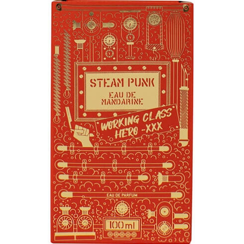 Czerwone opakowanie perfum Pan Drwal Eau de Mandarine Working Class Hero 100 ml z złotymi detalami, steampunkową grafiką i logo. Pojemność 100 ml, nazwy STEAM PUNK i WORKING CLASS HERO na tle mechanicznym.