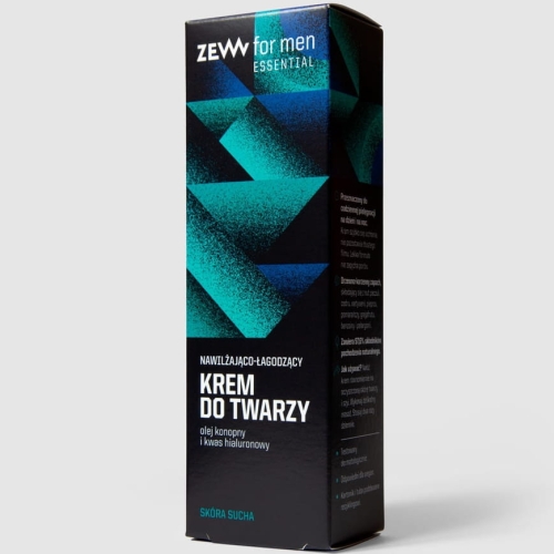 Czarny kartonik z niebiesko-turkusowymi wzorami, napis NAWILŻAJĄCO-ŁAGODZĄCY KREM DO TWARZY i składniki: olej konopny, kwas hialuronowy. Tło szare, z tyłu instrukcje i informacje o produkcie.
