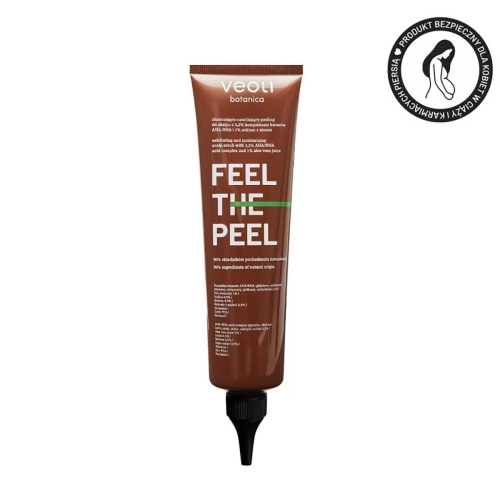 Złuszczająco-nawilżający peeling do włosów 150 ml w brązowej tubce z napisem „FEEL THE PEEL” i logo „veoli botanica”. Informacja o bezpieczeństwie dla kobiet w ciąży na jednolitym tle.