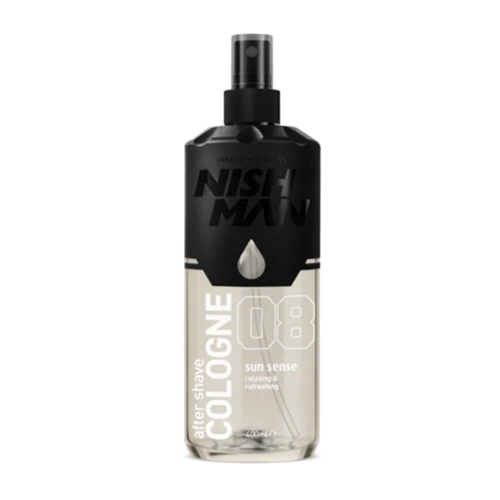 Nishman Aftershave Cologne 08, 400 ml woda kolońska w przejrzystej butelce z atomizerem, minimalistyczny design, czarno-srebrna etykieta NISH MAN i COLOGNE 08 na białym tle.