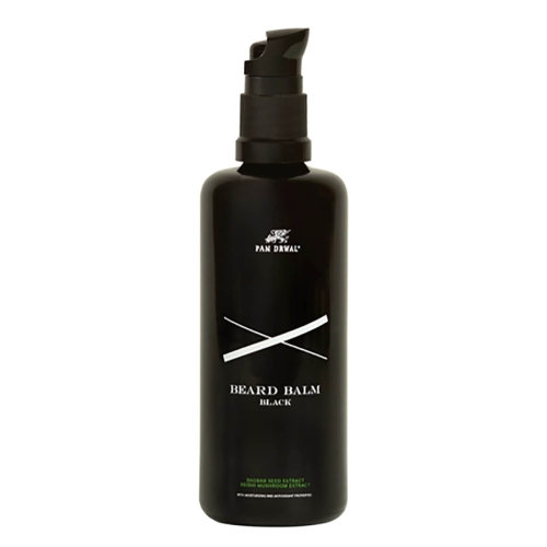 Czarny balsam do brody 100 ml, cylindryczna butelka z matowym wykończeniem i dozownikiem. Napis BEARD BALM i BLACK w białej czcionce na ciemnym tle. Butelka stoi pionowo na jednolitym tle.