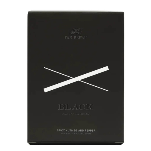 Czarny kartonowy flakon perfum Pan Drwal - Black, z białym logo i napisami, stojący w frontalnej pozycji. Na opakowaniu widoczne są hasła Eau de parfum oraz Spicy Nutmeg and Pepper. Tło proste, jednolite.