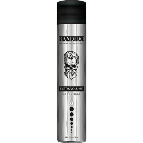 Lakier Bandido Hairspray 400 ml, srebrna metalowa butelka z czarną nakrętką, cylindryczna. Napis EXTRA VOLUME EXTREMELY i logo z czaszką na froncie. Produkt stoi na jednolitym tle.