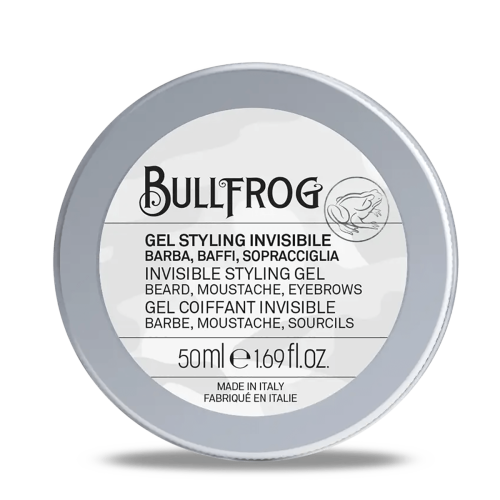 Bullfrog Invisible Styling to bezwonny żel do stylizacji brody, wąsów i brwi w metalowym, okrągłym pojemniku 50 ml. Szara, matowa etykieta z białymi napisami i widocznym napisem BULLFROG. Produkt leży płasko na białym tle.