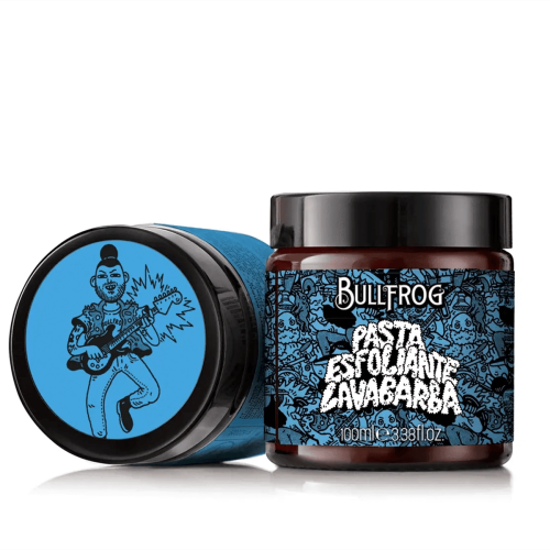 Peeling do brody Bullfrog Limited Edition Street Bro 100 ml w brązowym słoiku z niebieską nakrętką. Na etykiecie widoczny kolorowy rysunek postaci grającej na gitarze. Opakowanie umieszczone na prostym tle.