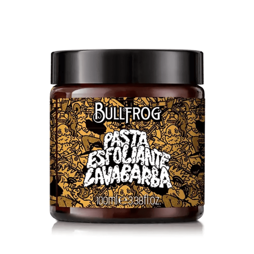 Bullfrog peeling do brody 100 ml w żółtym słoiczku z czarną zakrętką i czarnym wzorem. Etykieta z napisem PASTA ESFOLIANTÉ LAVABARBA na białym tle, widok frontalny.