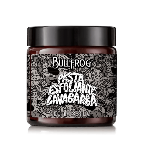 Peeling do brody Bullfrog w ciemnym słoju 100 ml z kolorowym wzorem i napisami PASTA ESFOLIANTE LAVABARBA na białym tle. Słoik stoi na gładkiej powierzchni, widok frontalny.