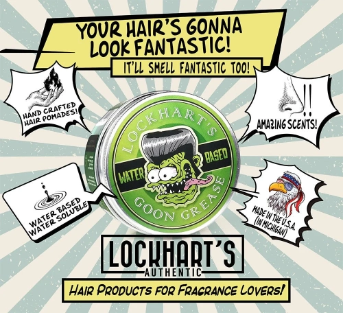 Wodna pomada Lockhart's Goon Grease 96g w metalowym słoiku z grafiką zielonej twarzy i fryzurą, napisami Water Based i Goon Grease, na jednolitym tle, widok frontalny z detalami logo.