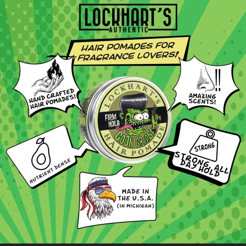 Woskowa pomada Goon Grease w metalowej puszce 10 cm z kolorową grafiką potwora. Nadruki: Lockhart's, GOON GREASE, Hair Pomade, Firm Hold. Jasnozielone tło z ikonami nutrient dense i strong all day hold.