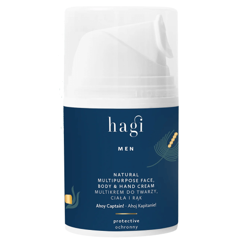 Hagi multikrem Ahoj Kapitanie 50 ml do twarzy, ciała i rąk, w granatowym opakowaniu z białą matową pokrywką i pompką. Naturalna, ochronna, wielofunkcyjna formuła, etykieta z napisem hagi MEN.