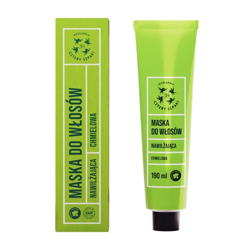 Maska do włosów Chmielowa 190 ml w zielonej tubie z białą etykietą, napisy: „Masa do włosów”, „nawilżająca”, „Chmielowa” oraz logo Mydlarni Cztery Szpaki. Tuba stoi obok zielonego opakowania z podobną etykietą.