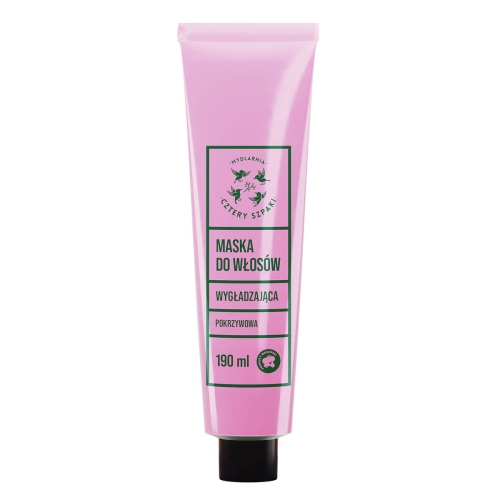 Różowa tubka 190 ml maski do włosów Wyładzająca z logo Mydlarni Cztery Szpaki, matowa powierzchnia, zielony napis na białej etykiecie, stojąca frontalnie na białym tle.