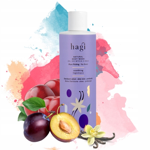 Naturalny żel do mycia ciała Hagi 300 ml w jasnofioletowej butelce z białą zakrętką. Napisy podkreślają śliwkę Davidson’a i aloes. Tło różowo-błękitne z motywem śliwek i wanilii. Produkt stoi pionowo na minimalnym tle.
