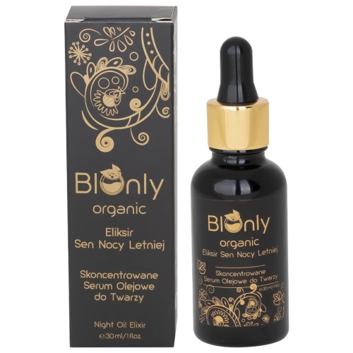 Czarne, szklane serum olejowe 30 ml BIOnly z złotą zakrętką, etykieta: organic, Eliksir Sen Nocy Letniej, Skoncentrowane Serum Olejowe do Twarzy; stoi pionowo obok eleganckiego kartonika na prostym tle.