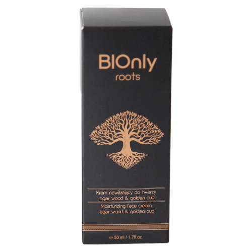 Nawilżający krem do twarzy BIOnly roots, 50 ml, w czarnej matowej tubie z złotym logo i napisem „Krem nawilżający do twarzy”. Zdjęcie zbliżenia frontu na jednolitym tle.